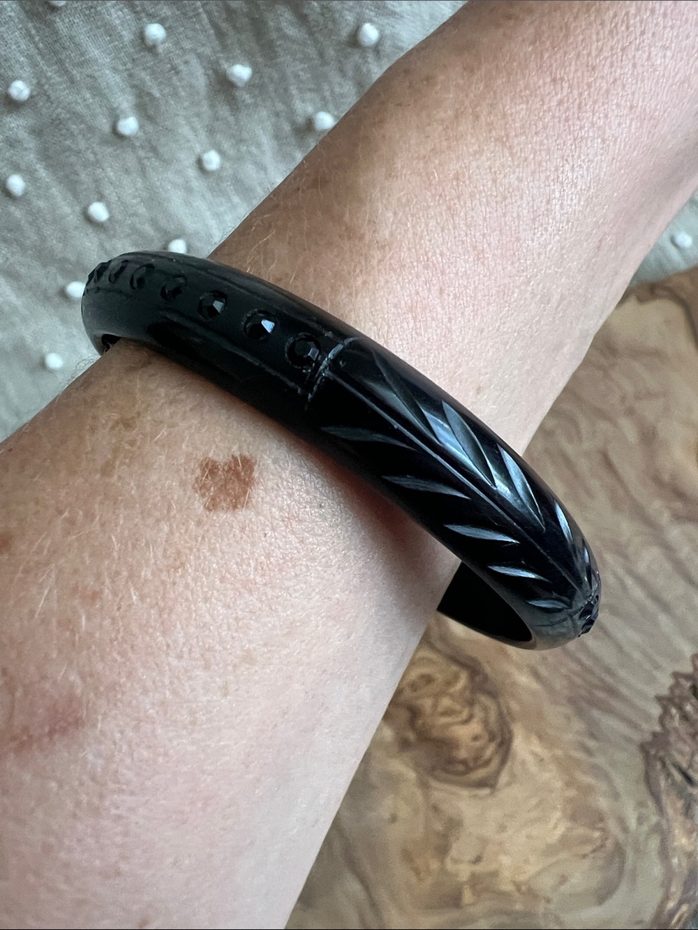 Black Carved Bakelite Bangle Bracelet. small